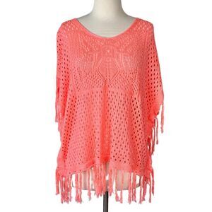 Coral Crochet Boho Fringe Knit Poncho NWT